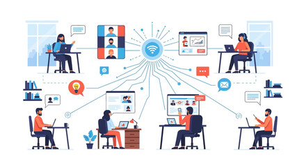 Teamwork illustration with diverse people remotely connecting via video conference, collaboration, and online communication network.