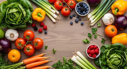 Fresh Organic Vegetables and Fruits Arranged on Rustic Wooden Table Top View