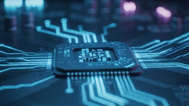 features ometric animation futuristic artificial intelligence chip intricate details microchip processing technology visually engaging motion graphic format ai digital network processor.