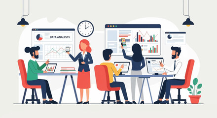 Data analysis team collaborating on charts and graphs, reviewing market trends in a bright, modern office environment.
