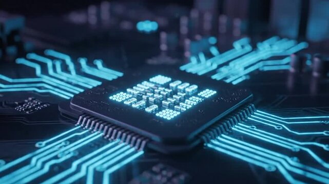 features ometric animation futuristic artificial intelligence chip intricate details microchip processing technology visually engaging motion graphic format ai digital network processor.