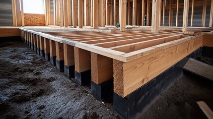 Wooden frame structure and beams of a building under construction. Shows building foundation, structure, and the construction process.