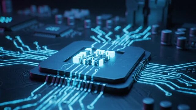 features ometric animation futuristic artificial intelligence chip intricate details microchip processing technology visually engaging motion graphic format ai digital network processor.