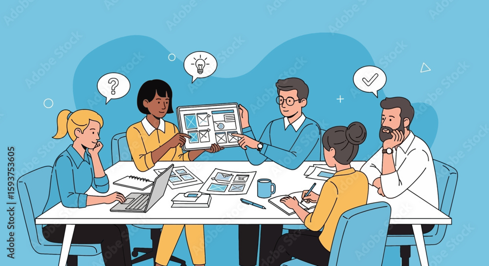 Poster diverse business team collaborates on a project, reviewing designs and problem-solving ideas at a ta