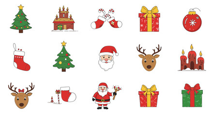Festive Christmas design with trees, Santa, gifts, reindeer, and ornaments, perfect for holiday cards and seasonal greetings.