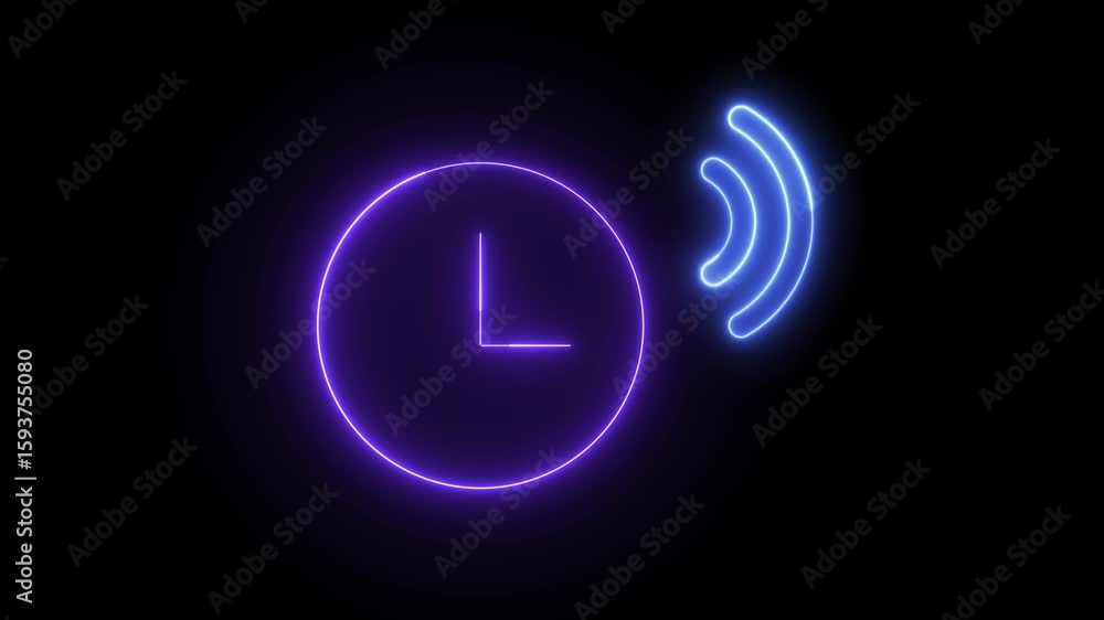 Poster neon light effect animation of a clock icon with a sound signal, black background