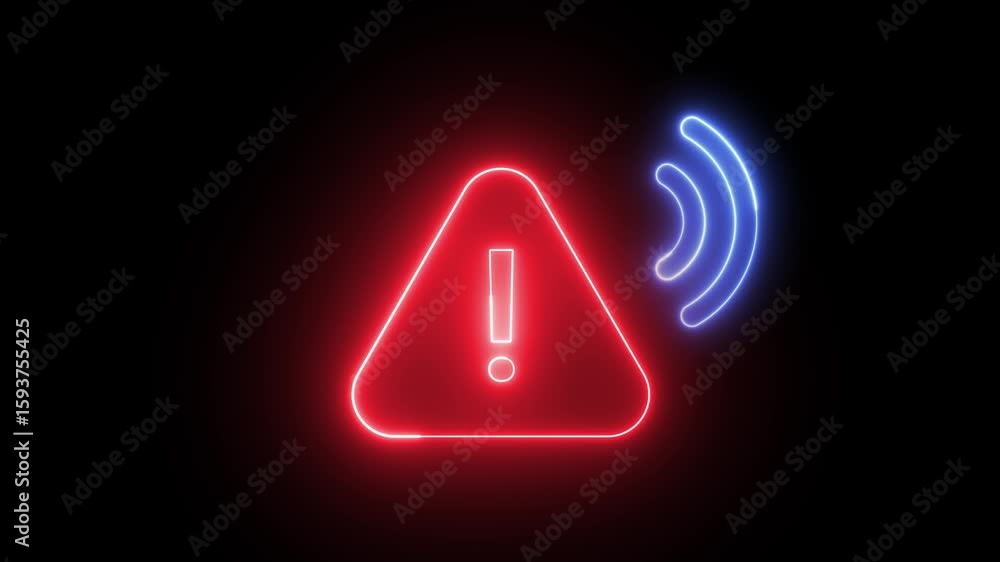 Poster neon light effect animation of a warning sign with sound signal, black background
