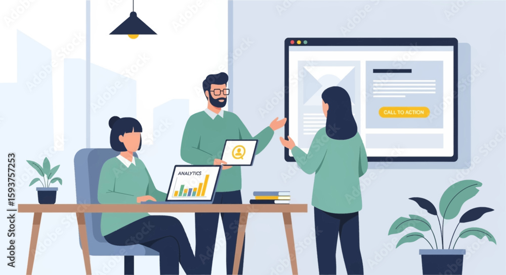 Poster teamwork fosters success as colleagues collaborate on digital analytics and webpage design within a 