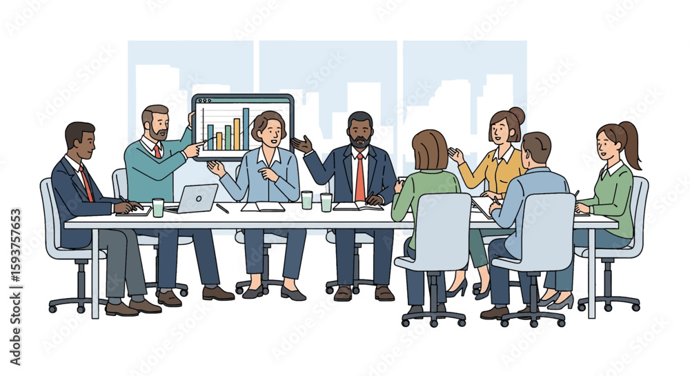 Poster diverse business team collaborating around a conference table discussing charts and graphs in a mode