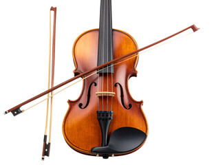  Front View of Classical Wooden Violin with Bow Resting Across Strings, Transparent Background