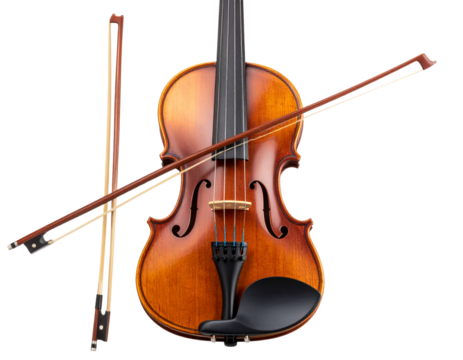 Front View of Classical Wooden Violin with Bow Resting Across Strings, Transparent Background