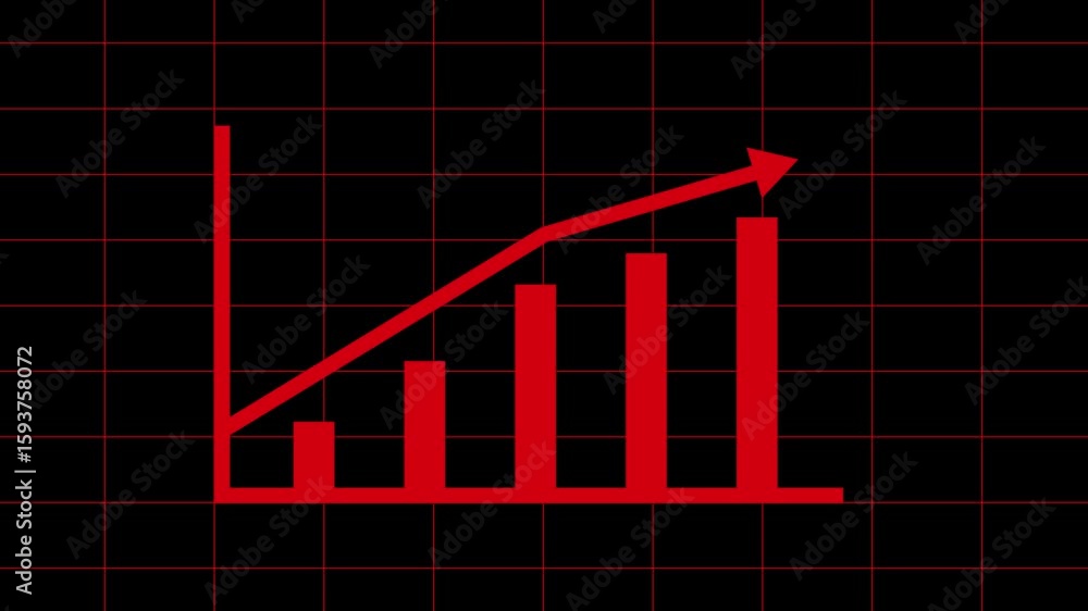 Poster red bar business graph with upward arrow on black background with grid lines representing financial 