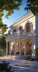 Fototapeta premium A charming two-story villa with charming arched windows and white stone walls, the spacious front porch is adorned with elegant pillars.