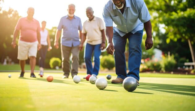 Seniors playing bocce ball outdoors