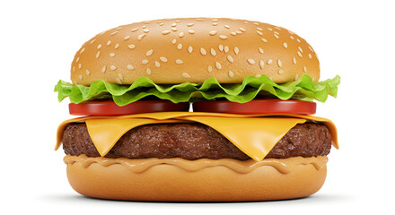 A delicious and tasty-looking burger with full toppings is presented on a white background, appetizing and tempting.







