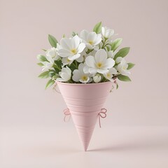 Pastel Funnel with White Flowers and Green Leaves 3D Rendering