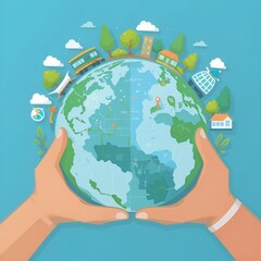 Globe with ecofriendly transport and green technology symbols minimalistic flat blue background art space for text