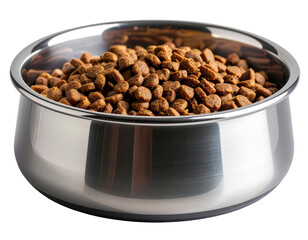 Stainless Steel Pet Food Bowl Filled with Dry Kibble, Front View, Isolated on Transparent Background PNG