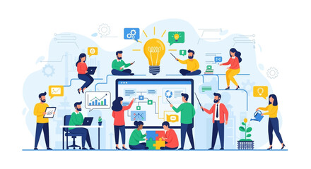 A collaborative team brainstorms with a lightbulb symbolizing creative ideas, working together on strategy and problem-solving in a modern setting.
