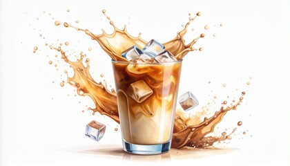 Artistic watercolor illustration of iced coffee splashing with floating ice cubes and milk swirl, refreshing summer drink concept