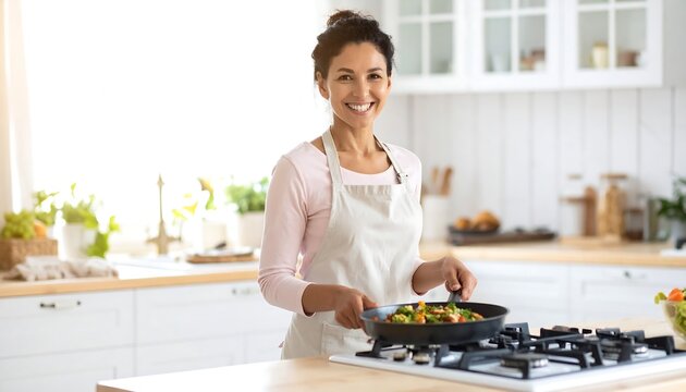 Woman cooking vegetables in kitchen
