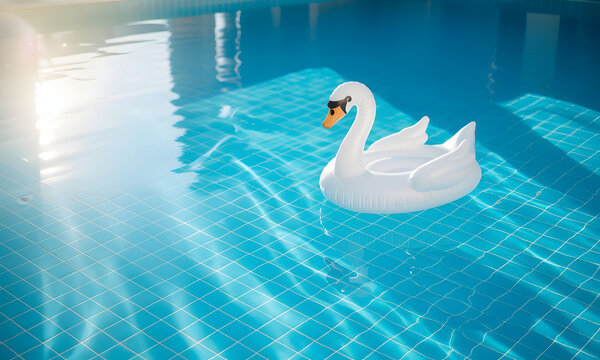 Inflatable swan float in a swimming pool