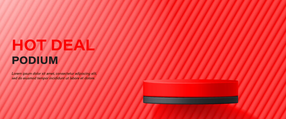 3D realistic mockup product display cylinder stand banner with minimal hot podium and red texture background for branding showcase, brand ads, advertising sale, promotion discount, online shop