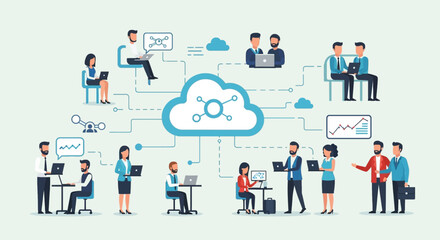 Business professionals work together using cloud technology, connecting through laptops and internet networks for seamless communication.