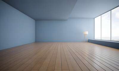 Empty room with wooden floor and single lamp in corner