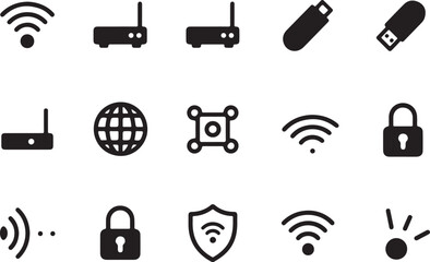 Collection of wireless technology and internet security icons
