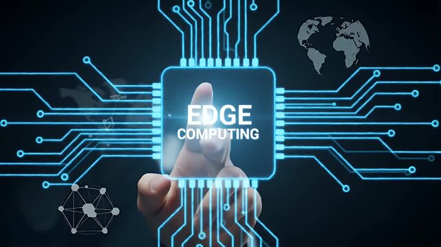 Hand Touching Edge Computing Interface with Blue Circuit Lines and Global Network on Dark Background for Technology Solutions