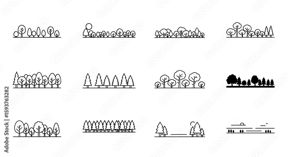Poster collection of twelve distinct tree line illustrations depicting various forest types and arrangement