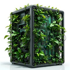 Green Technology Sustainable Server with Plants and Circuit Board