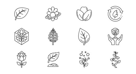 Collection of twelve botanical line art icons featuring leaves flowers and plant growth elements designs