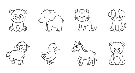 Collection of eight outlined animals including a panda elephant cat dog sheep duck horse and bear