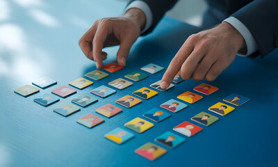 Hands interacting with digital interface icons