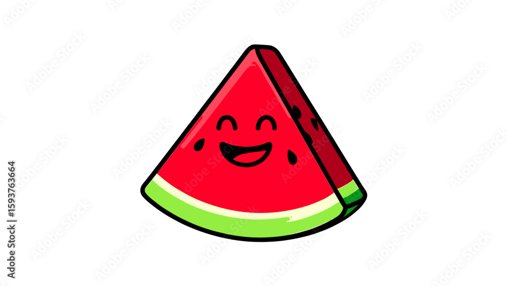 Poster a cartoon watermelon slice with a happy face and seeds is displayed in the center of the image