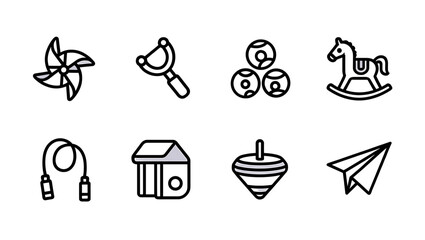 Eight line art icons depicting a pinwheel, slingshot, marbles, and a rocking horse toy set up in rows
