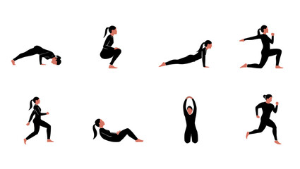 Illustrative depiction of a woman performing various workout poses in a fitness routine exercise set