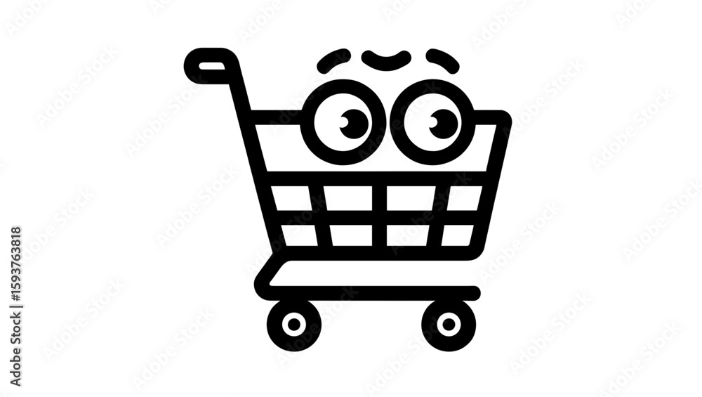 Poster cartoon shopping cart with large eyes and worried expression in a minimalist vector style image