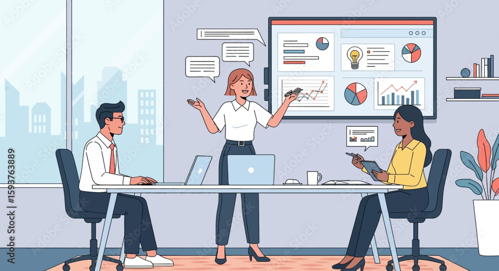 Poster three diverse business professionals are collaborating on charts and graphs in a modern office board