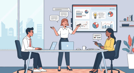 Three diverse business professionals are collaborating on charts and graphs in a modern office boardroom with a display screen.