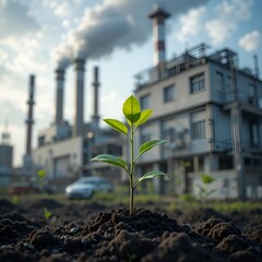 Sustainable industrial development represented by young plant growing in front of modern factory, symbolizing integration of green technology and nature in manufacturing. 