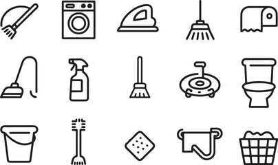 Collection of cleaning supplies and tools in a simple outline icon set