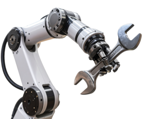 Untitled design - 3D Rendered Robot Arm Holding Wrench, Side View, Transparent Background (2)