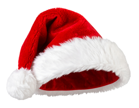 Santa Claus Hat with White Fur Trim, Floating Angle, Transparent Background - Powered by Adobe