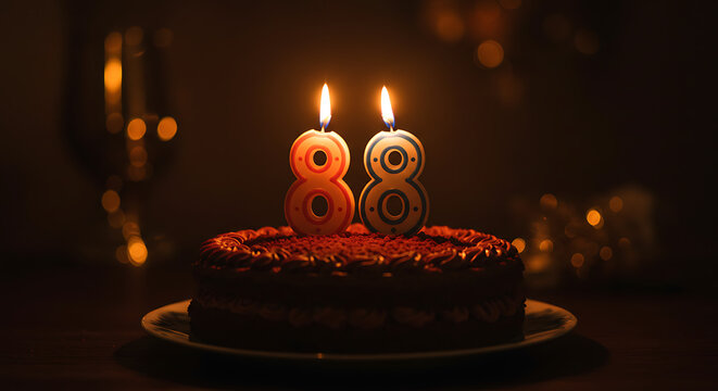 Celebratory 88th Birthday Cake with Glowing Candles in a Warm, Festive Atmosphere