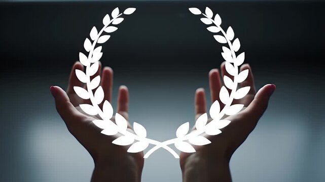 Close Up of Palms Holding Laurel Wreath with Soft Lighting on Dark Background Symbolizing Achievement Success And Recognition with Visual Defect