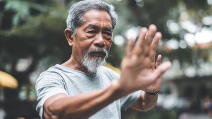 Senior man practicing martial arts outdoors.
