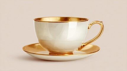 Elegant white teacup with gold trim on matching saucer, sitting on plain surface